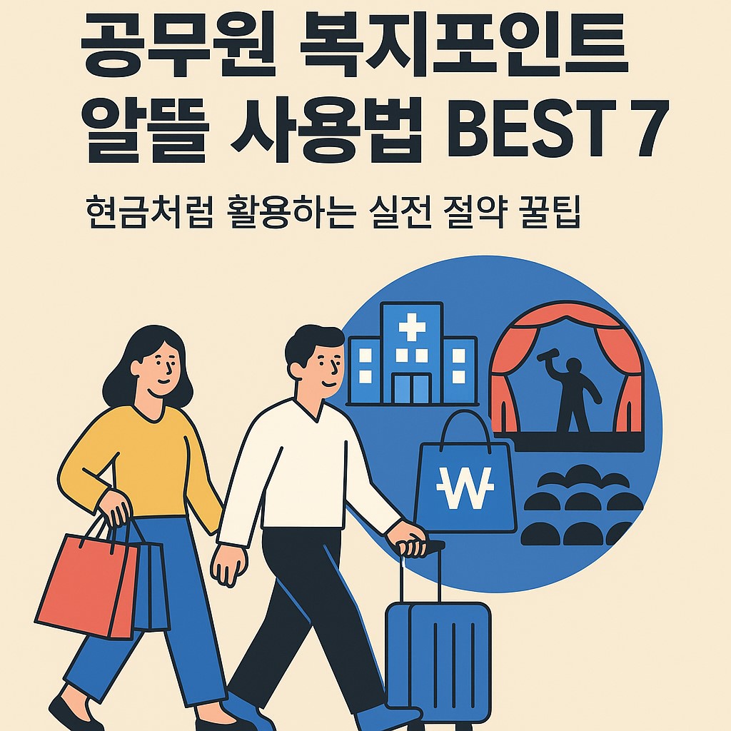 공무원 복지포인트를 활용해 쇼핑, 여행, 건강검진, 문화생활을 즐기는 장면을 묘사한 일러스트