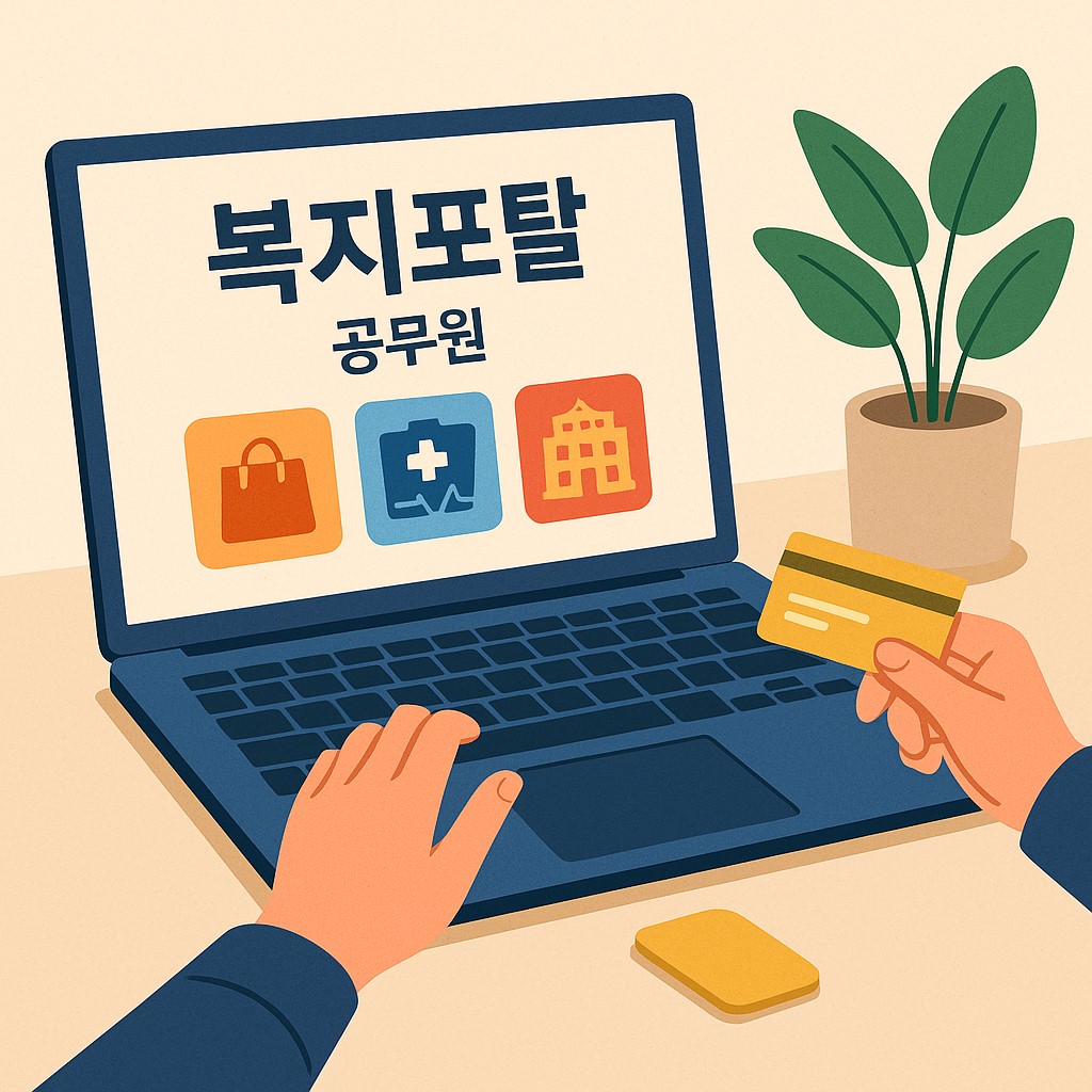 2025 공무원 복지포탈 사용처를 안내하는 장면, 노트북 화면에 복지포탈 사이트와 쇼핑·여행·의료·문화 아이콘이 함께 있는 일러스트