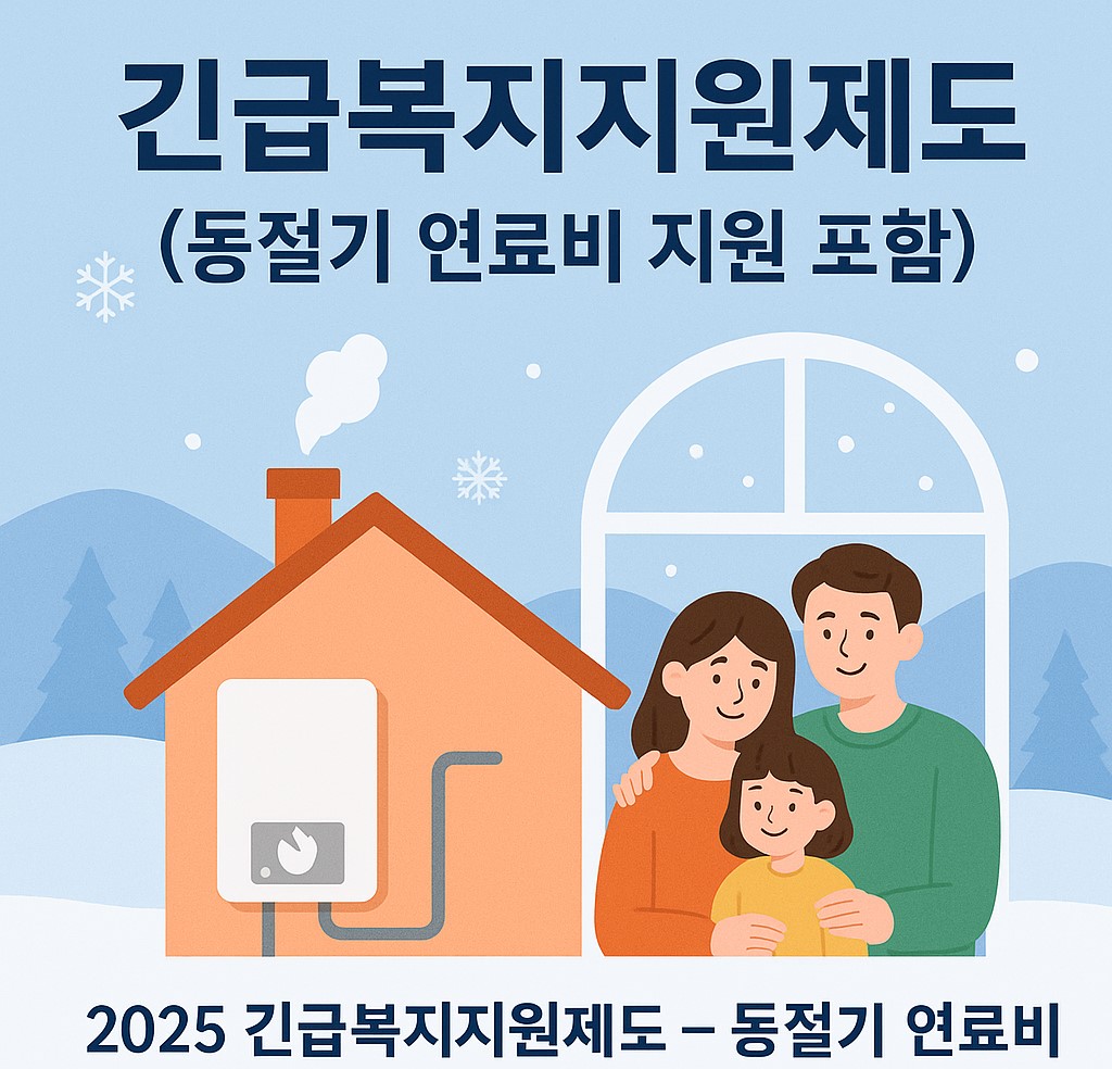 겨울철 난방을 상징하는 집과 보일러, 따뜻한 가족의 모습이 함께 묘사된 긴급복지지원제도 동절기 연료비 지원 안내 일러스트