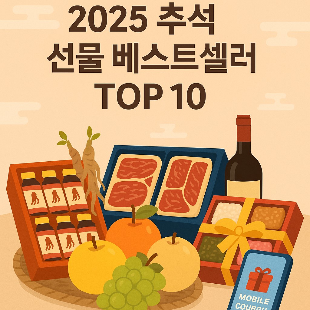 추석 선물 세트를 표현한 일러스트, 홍삼·한우·과일·한과·와인·모바일 쿠폰이 함께 배치된 장면