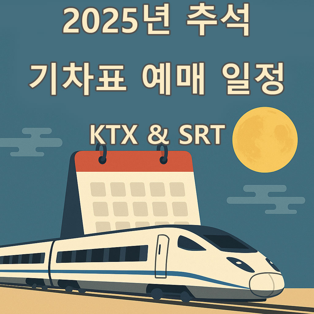 달력 위에 달리는 KTX 고속열차와 추석을 상징하는 보름달이 함께 배치된 2025년 추석 기차표 예매 일정 안내 일러스트