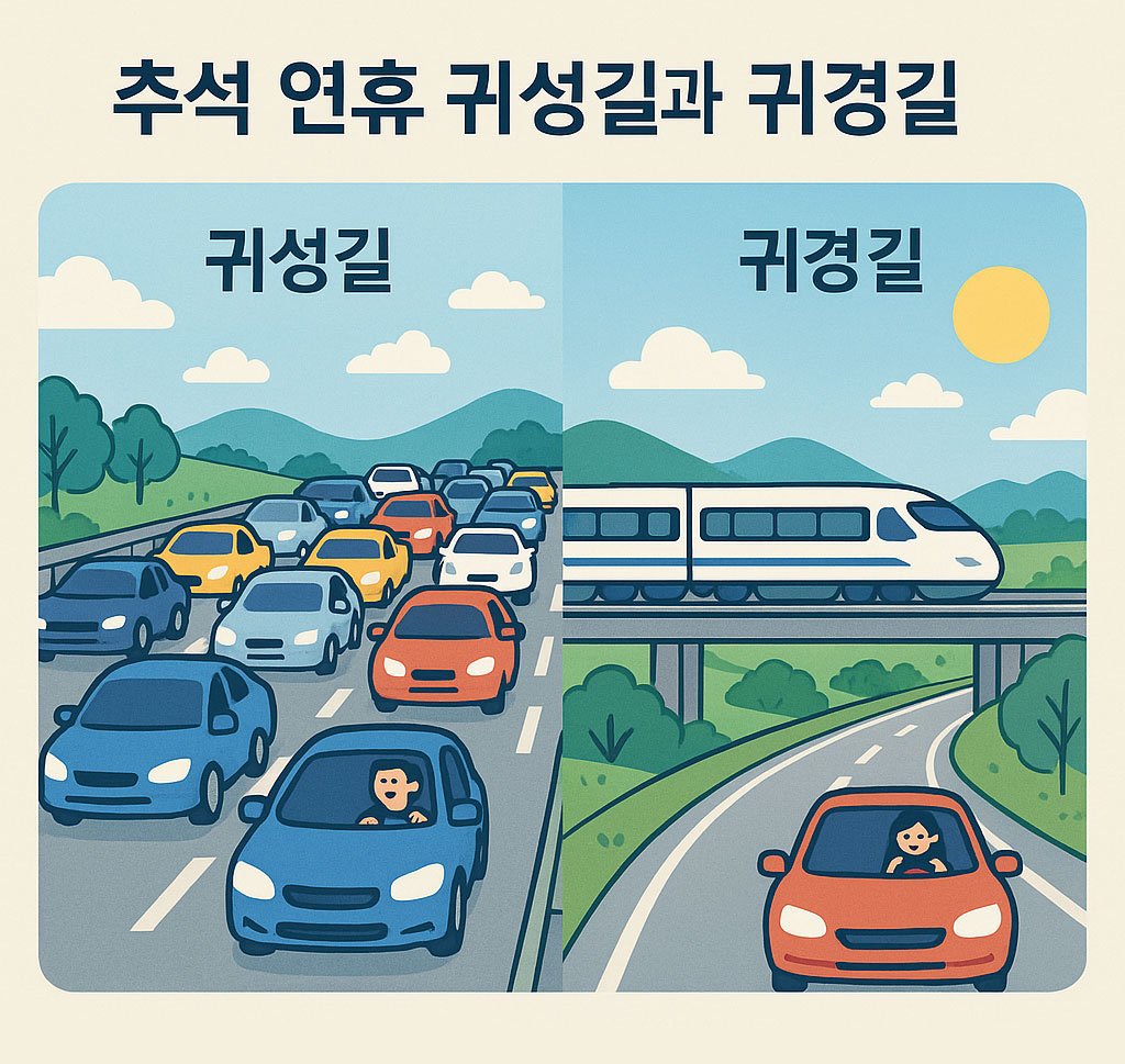 추석 연휴 귀성길과 귀경길을 표현한 일러스트, 고속도로 위를 달리는 자동차 행렬과 교통 체증, 반대로 기차와 자동차가 여유롭게 이동하는 모습