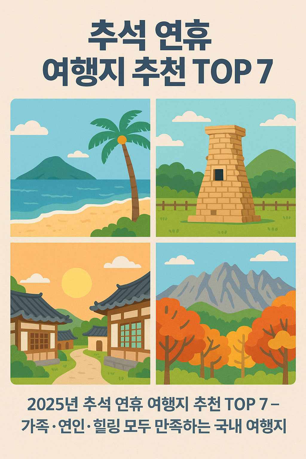 추석 연휴 여행지를 표현한 일러스트, 제주 바다, 경주 첨성대, 전주 한옥마을, 속초 설악산 단풍 풍경이 콜라주 형식으로 배치된 장면