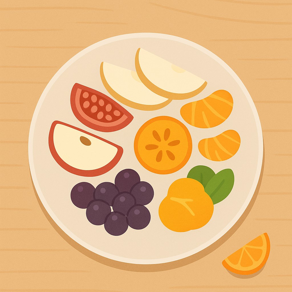 플랫 일러스트로 표현된 원형 접시에 사과, 배, 단감, 석류, 귤, 포도가 소량씩 정갈하게 담겨 있고, 밝은 원목 테이블 위에 놓여 있는 모습
