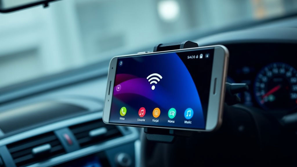 안드로이드 오토 연결 문제 해결을 위한 단계별 가이드 인포그래픽: 업데이트, 설정 최적화, 케이블 교체, 재부팅 등의 아이콘 포함