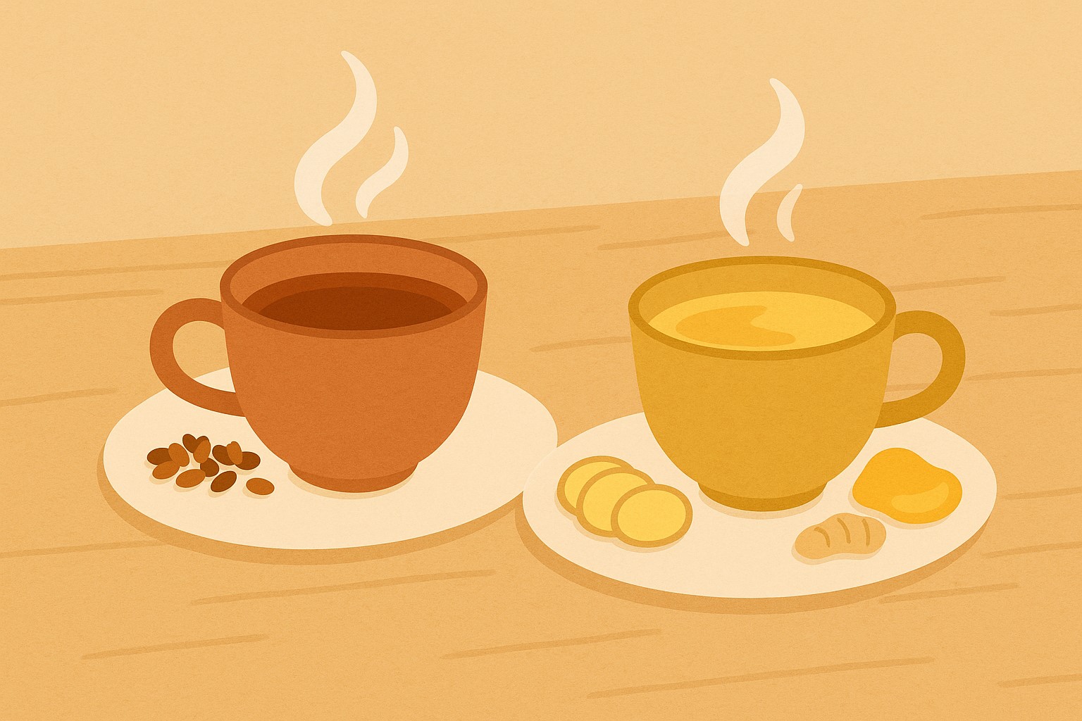 플랫 일러스트로 표현된 따뜻한 차 두 잔. 왼쪽은 보리차와 볶은 보리 알갱이가 함께 놓여 있고, 오른쪽은 생강차와 얇게 썬 생강, 꿀이 곁들여져 있는 모습