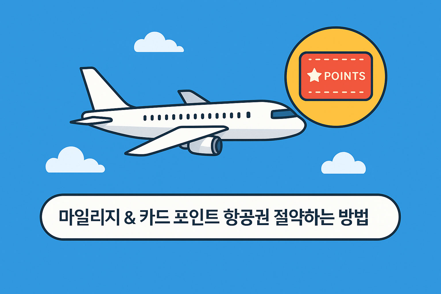 푸른 하늘을 나는 비행기 옆에 카드 포인트 아이콘이 표시되고, 하단에는 '마일리지 & 카드 포인트 항공권 절약하는 방법' 검색창이 있는 일러스트