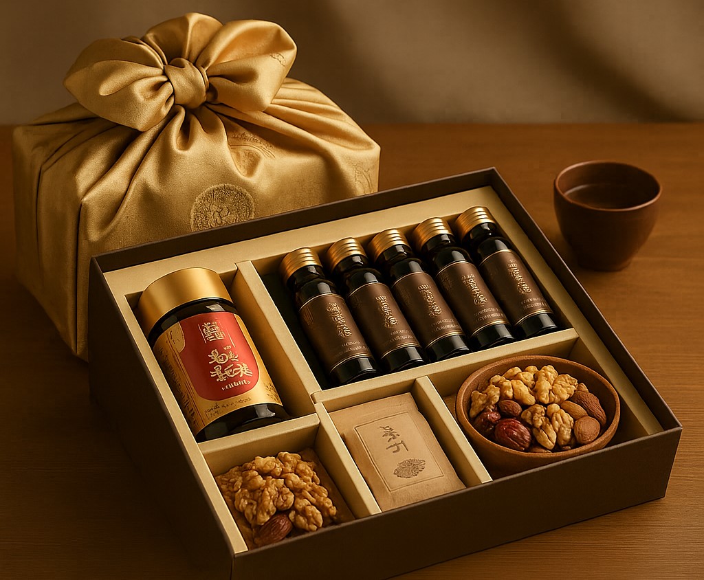 원목 테이블 위에 고급 보자기에 싸인 추석 선물 세트 박스와 함께 홍삼, 건강 음료, 견과류가 정갈하게 담겨 있는 모습