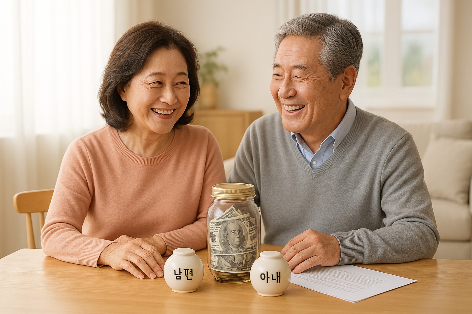 따뜻한 거실에서 중년 부부가 함께 웃으며 앉아 있고, 테이블 위에는 ‘남편’, ‘아내’라고 적힌 작은 저금통 두 개와 현금이 담긴 큰 저금통이 놓인 모습