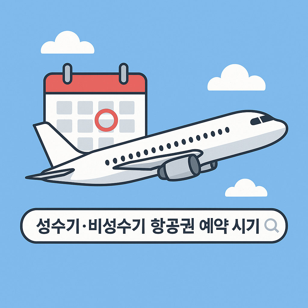 푸른 하늘을 나는 비행기 뒤로 달력 아이콘이 보이고, 하단에는 '성수기·비성수기 항공권 예약 시기' 검색창이 표시된 일러스트