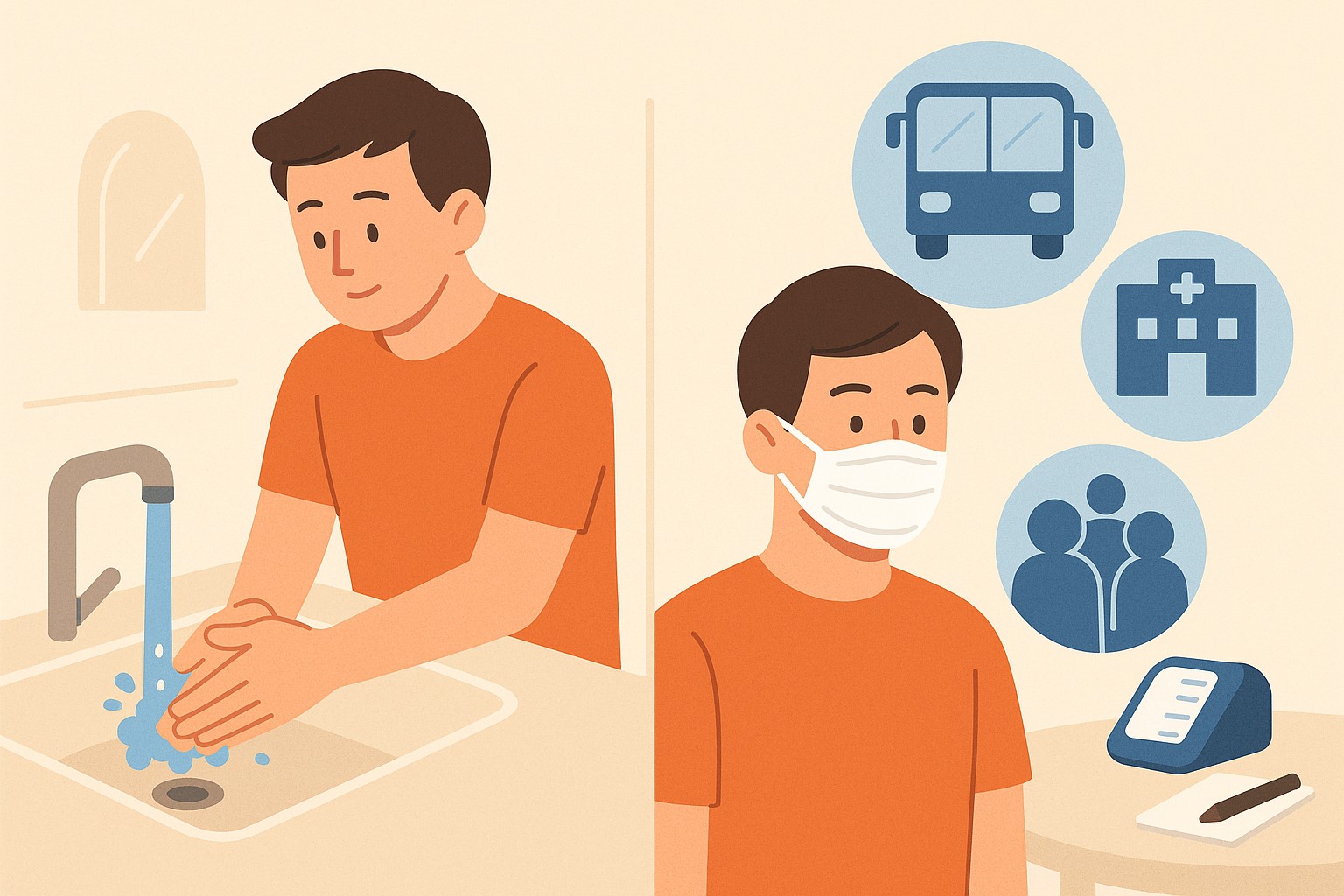 플랫 일러스트. 왼쪽에는 세면대에서 손을 씻는 사람이 있고, 오른쪽에는 마스크를 착용한 사람이 버스, 병원, 군중을 상징하는 아이콘들과 함께 표현된 장면