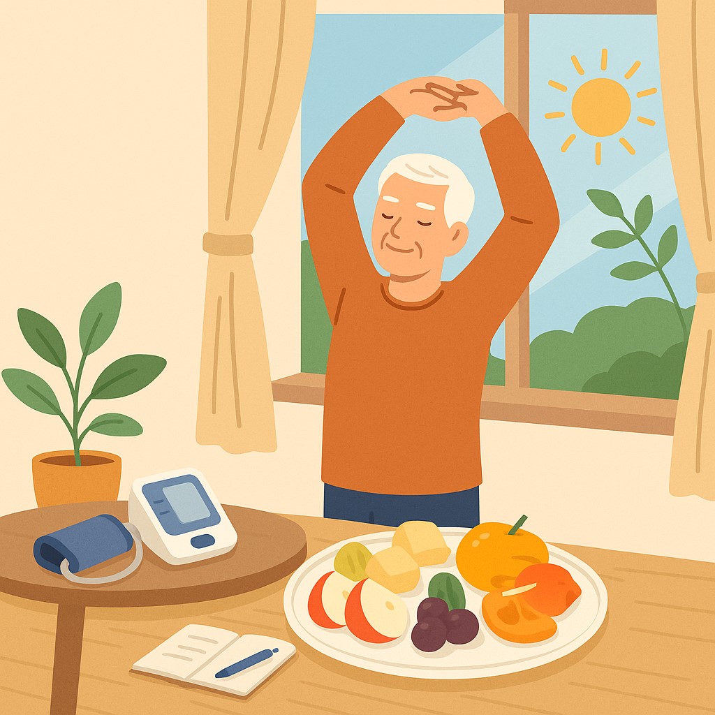 플랫 일러스트로 표현된 장면. 창가에서 햇살을 받으며 스트레칭하는 중장년 남성이 있고, 옆 탁자 위에는 혈압계, 기록용 노트, 과일 접시가 놓여 있는 모습