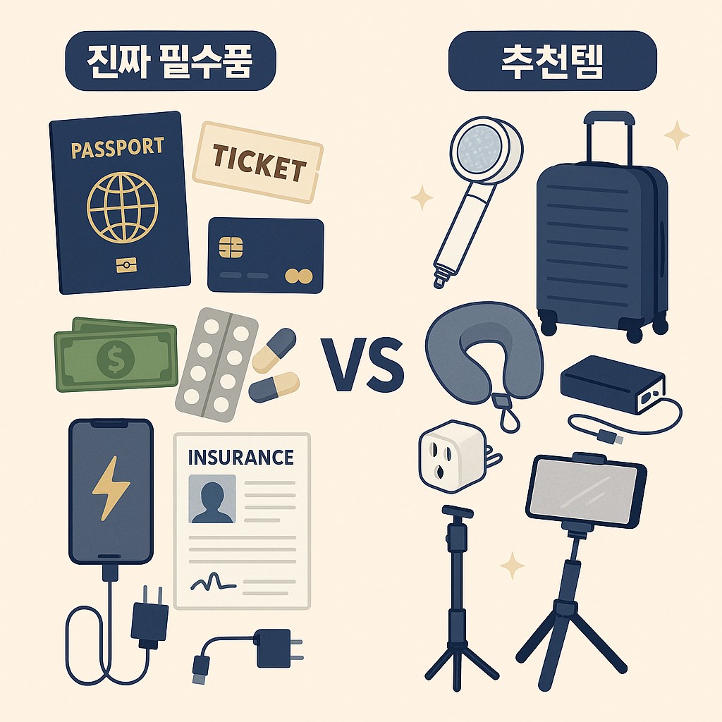 여권·카드·보험 증서 등 진짜 필수품과 캐리어·목쿠션·셀카봉 등 추천템을 비교하는 일러스트