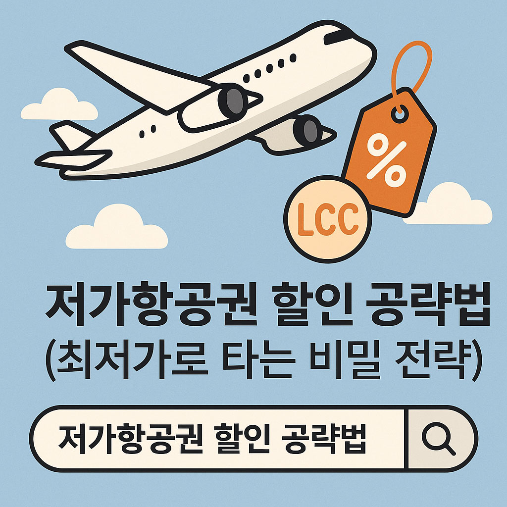 푸른 하늘을 나는 비행기 옆에 LCC와 할인 태그 아이콘이 함께 표시되고, 하단에는 '저가항공권 할인 공략법 (최저가로 타는 비밀 전략)' 검색창이 있는 일러스트