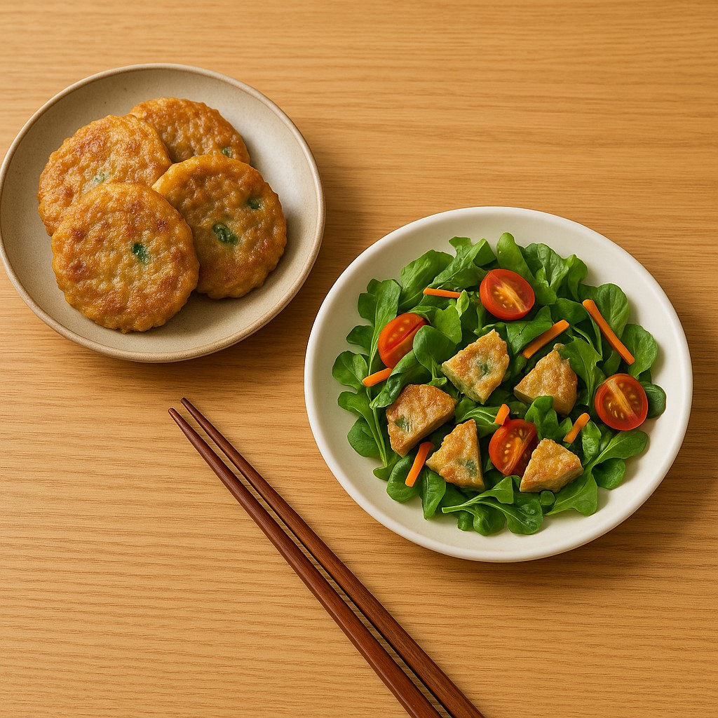 밝은 원목 테이블 위에 기름진 전이 담긴 접시와, 잘게 썰어 채소와 함께 담긴 전 샐러드 접시가 나란히 놓인 장면