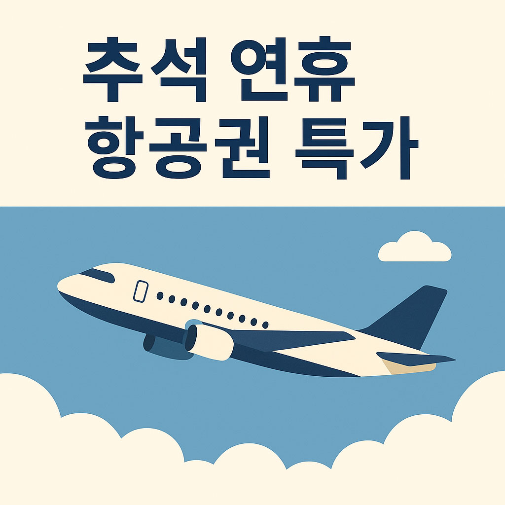 푸른 하늘 위로 비행기가 구름을 가르며 날아가는 장면과 '추석 연휴 항공권 특가'라는 문구가 적힌 미니멀 일러스트