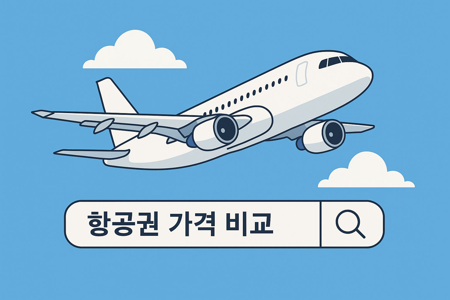 푸른 하늘을 배경으로 비행기가 날아가고 있으며, 하단에는 '항공권 가격 비교' 검색창이 표시된 일러스트
