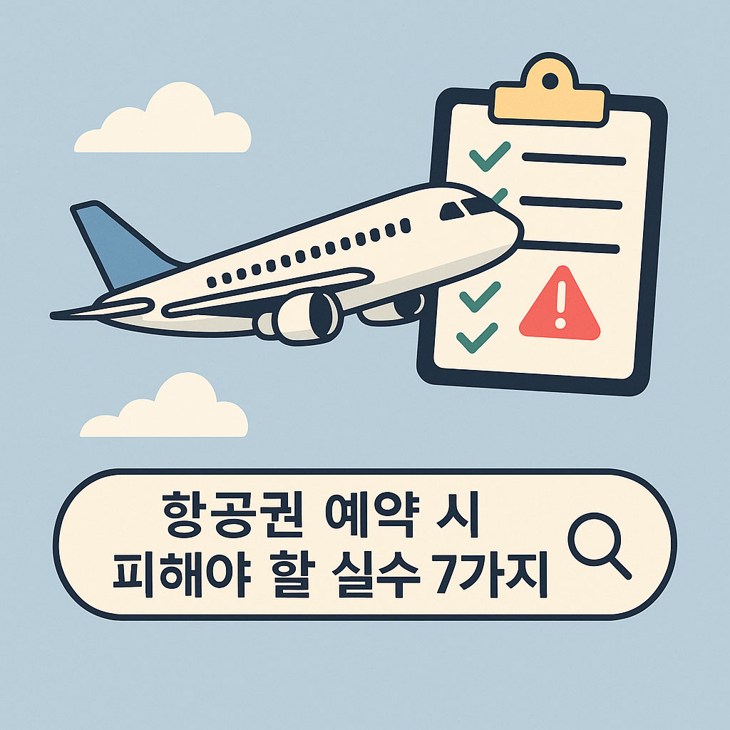 푸른 하늘을 나는 비행기 옆에 체크리스트와 경고 아이콘이 함께 표시되고, 하단에는 '항공권 예약 시 피해야 할 실수 7가지' 검색창이 있는 일러스트