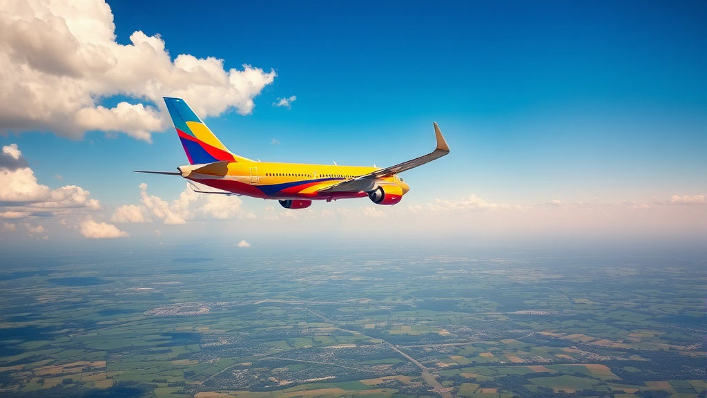 푸른 하늘을 배경으로 날아가는 여객기, 해외여행과 항공권 예약을 상징하는 이미지