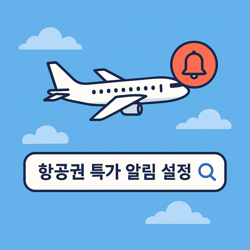 푸른 하늘을 나는 여객기 옆에 빨간색 알림 아이콘이 표시되고, 하단에는 '항공권 특가 알림 설정' 검색창이 있는 일러스트