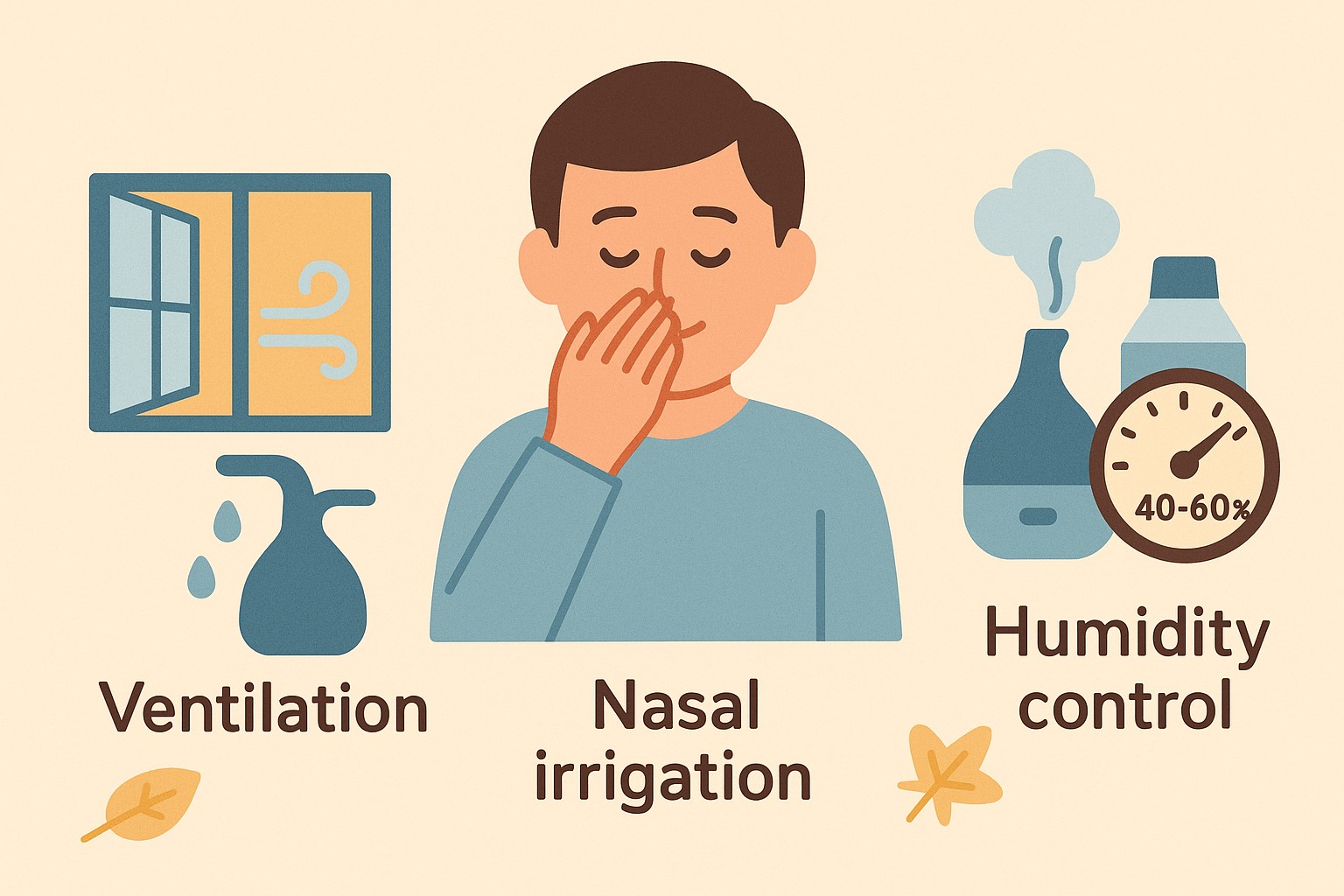 플랫 인포그래픽. 왼쪽에는 창문이 열려 바람이 들어오는 환기 아이콘, 중앙에는 코를 만지고 있는 남성과 코세척 용기 아이콘, 오른쪽에는 가습기와 습도계가 40~60%를 표시하는 아이콘이 배치된 장면