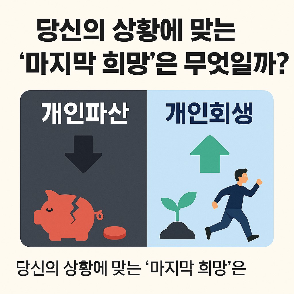 개인파산, 개인회생, 채무조정, 신용회복, 법률상담, 금융복지, 서민금융, 재기지원, 부채, 회생절차, 파산절차, 법원제도, 비교 인포그래픽, 금융교육, 사회안전망, 새출발, 선택, 경제회복, 법률 정보, 신뢰, 플랫 디자인