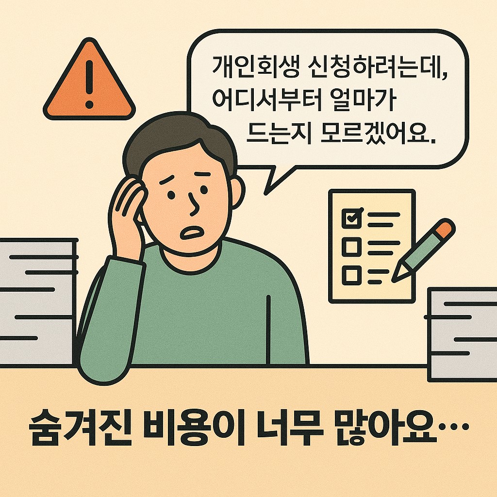 개인회생, 신청비용, 채무조정, 신용회복, 서민금융, 재기지원, 금융복지, 법원신청, 투명한 비용, 체크리스트, 인포그래픽, 절차 안내, 신뢰, 상담, 비용 계산, 금융안전, 감성디자인, 플랫 일러스트, 지갑, 계산기, 금전관리