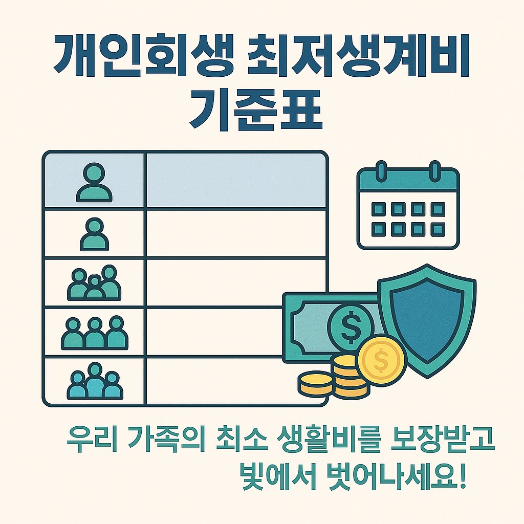 개인회생, 최저생계비, 채무조정, 신용회복, 서민금융, 법률지원, 생계비 기준, 가구원 수, 생활안정, 금융복지, 재정관리, 희망, 보호, 경제회복, 표 인포그래픽, 플랫 디자인, 법원제도, 가족, 금융교육, 사회안전망, 신뢰, 지원정책