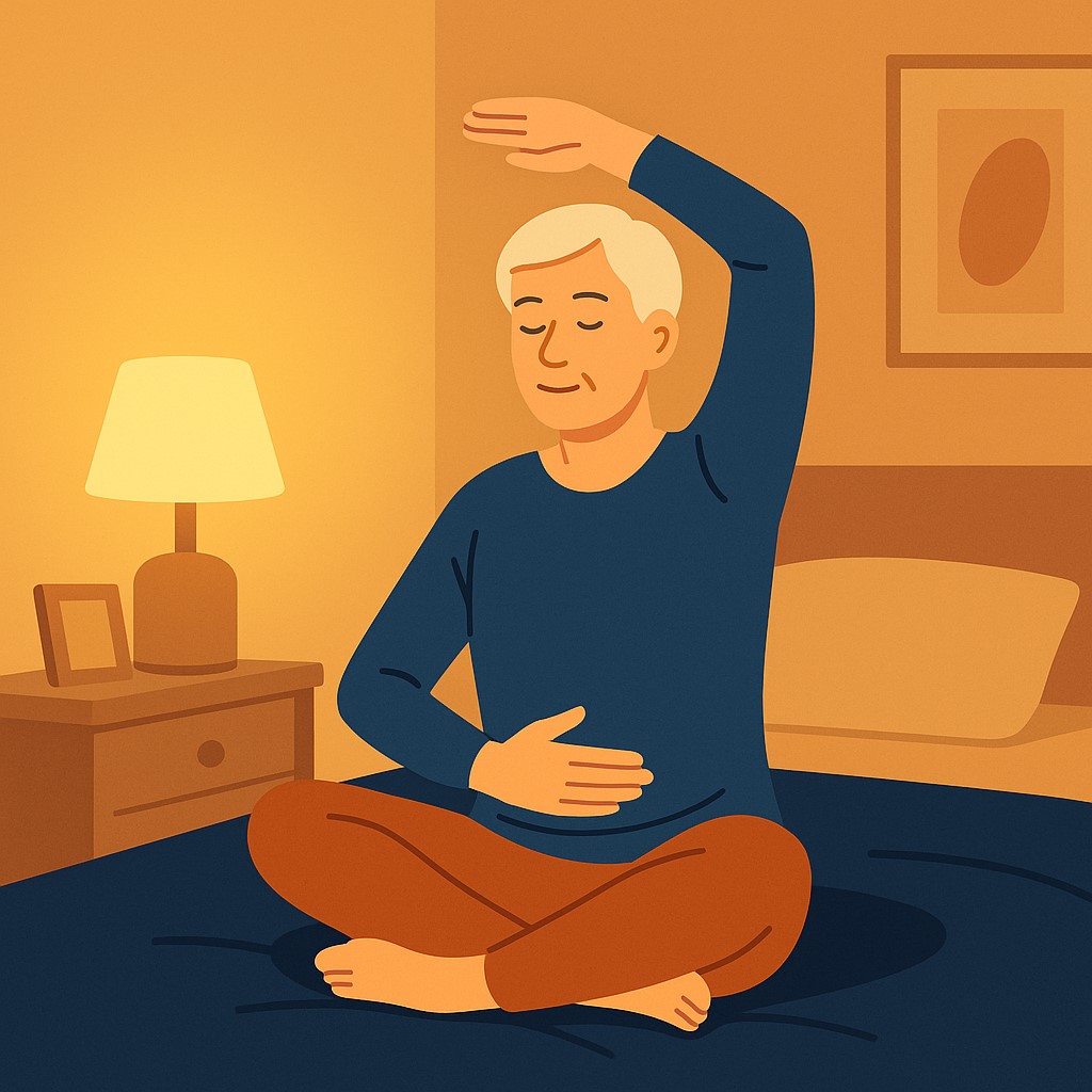 명상, 스트레칭, 숙면, 장년층, 전구색 조명, 플랫 일러스트, 웰니스, 건강, 휴식, 요가, 힐링, 마음의 안정, 수면 준비, 저녁 시간, 아늑한 침실, 평온한 분위기, 자기 전 루틴, 정신 건강, 웰빙, 플랫 디자인, 수면 루틴, 건강한 습관, 홈 웰니스, 편안한 밤