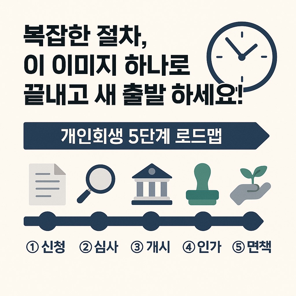 개인회생, 채무조정, 신용회복, 부채조정, 법원절차, 면책, 신청, 심사, 인가, 개시, 절차도, 로드맵, 플랫 인포그래픽, 금융복지, 법률상담, 서민금융, 사회안전망, 경제회복, 재기지원, 새출발, 신뢰, 금융교육