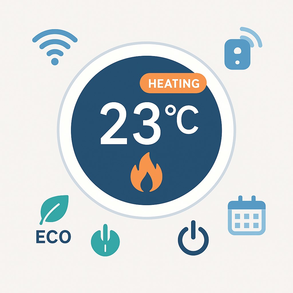 보일러, 스마트 보일러, 난방, 온도 조절, 스마트홈, IoT, 에너지 절약, 에코 모드, 온도계, 제어 패널, 인터페이스, 대시보드, 플랫 UI, 벡터 일러스트, 스마트 디스플레이, 홈테크, 난방 시스템, 전자기기, 에너지 관리, 실내 온도