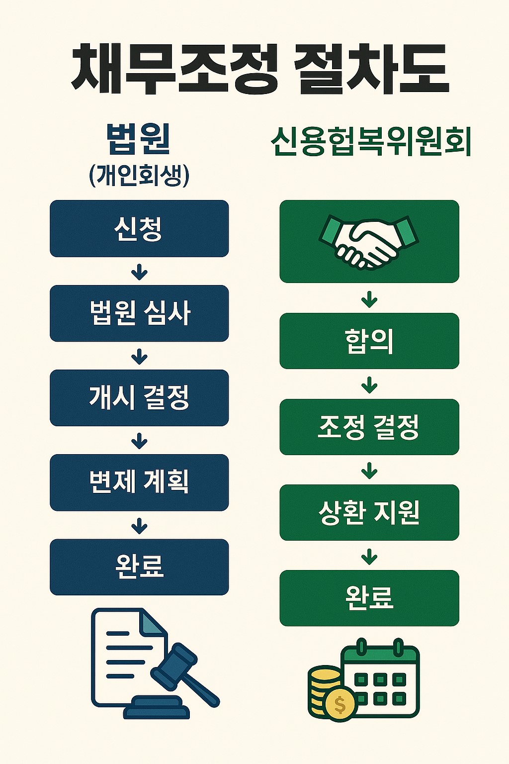 채무조정, 개인회생, 신용회복위원회, 법원 절차, 금융복지, 서민금융, 신용회복, 부채조정, 상환계획, 상담, 재기지원, 절차도, 비교 인포그래픽, 플랫 디자인, 금융교육, 사회안전망, 경제회복, 공공지원, 법적 절차, 제도 비교