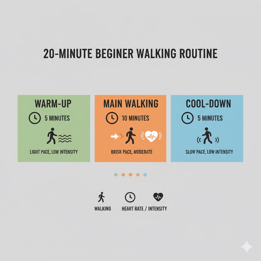 걷기, 워킹, 운동 루틴, 피트니스, 웰니스, 20분 루틴, 저강도 운동, 중강도 운동, 유산소 운동, 건강관리, 타임라인, 운동 가이드, 인포그래픽, 플랫 벡터, 다이어트, 심박수, 건강 습관, 일상 운동, 초보자 운동, 운동 단계