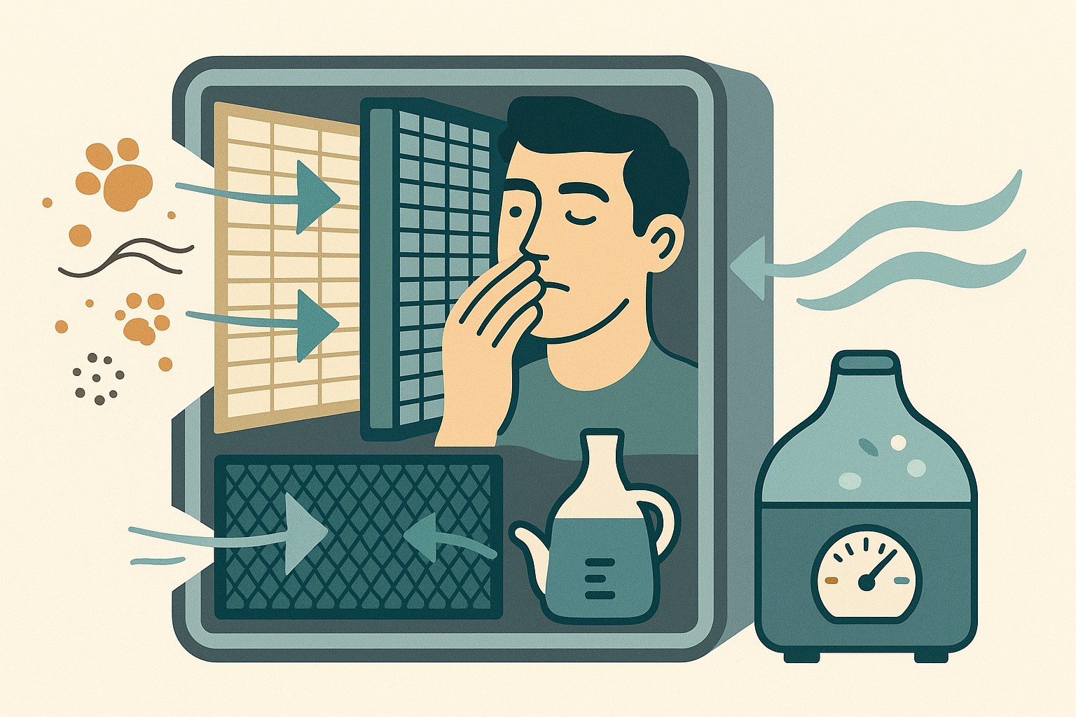 플랫 인포그래픽. 공기청정기 내부 단면이 3단 구조로 표현되어 있으며, 왼쪽에서 큰 먼지가 프리필터에서 걸러지고, 초미세먼지가 HEPA 필터에서 차단되며, 냄새와 가스가 활성탄 필터에서 흡착된 뒤 오른쪽에서 깨끗한 공기가 배출되는 모습